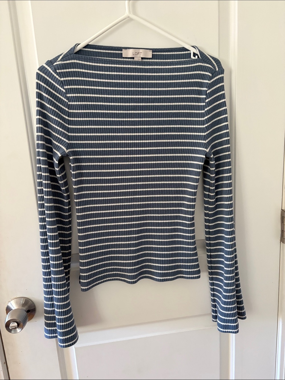 LOFT Blue and White Ribbed Striped Long-Sleeve Top